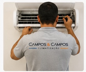 Técnico usando camiseta cinza clara da Campos & Campos